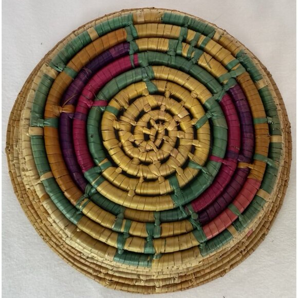Hand Woven Coiled Basket 9" Round Southwestern Tribal Boho Chic Geometric #5 - Picture 6 of 6